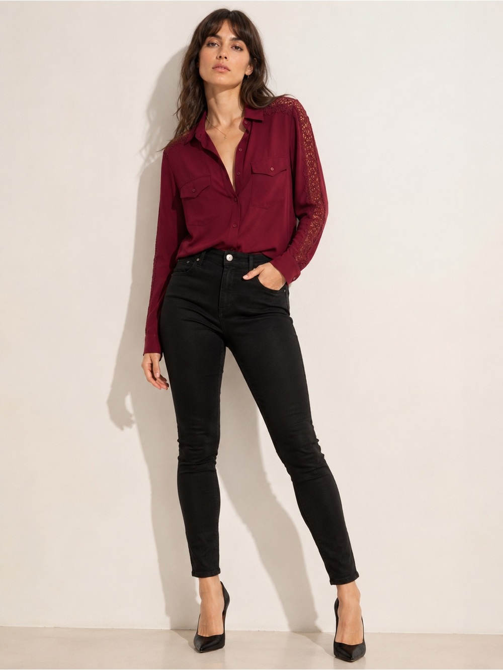 The Kooples Burgundy Lace Inset Button-Down Blouse Size S